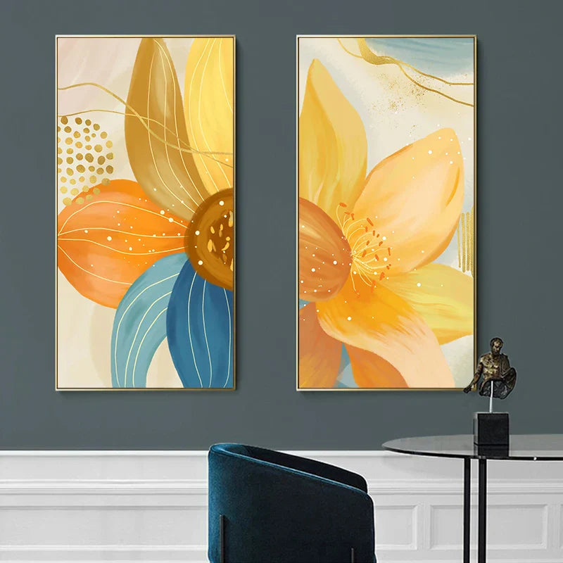 Große florale bunte abstrakte Wandkunst Fine Art Leinwanddrucke orange-gelbe Blütenposter Bilder für das Wohnzimmer Wohnkultur | Brehn