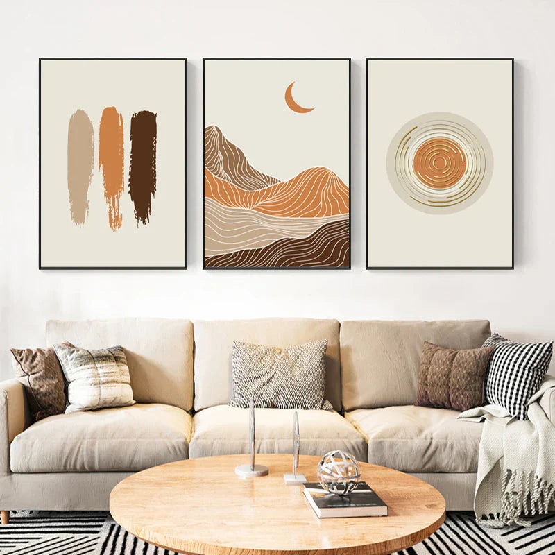 Abstrakte Geometrische Taupe Terrakotta Landschaft Sonne Mond Wandkunst Fein Kunst Leinwanddrucke Bilder Für Wohnzimmer Schlafzimmer Kunst Dekor | Brehn