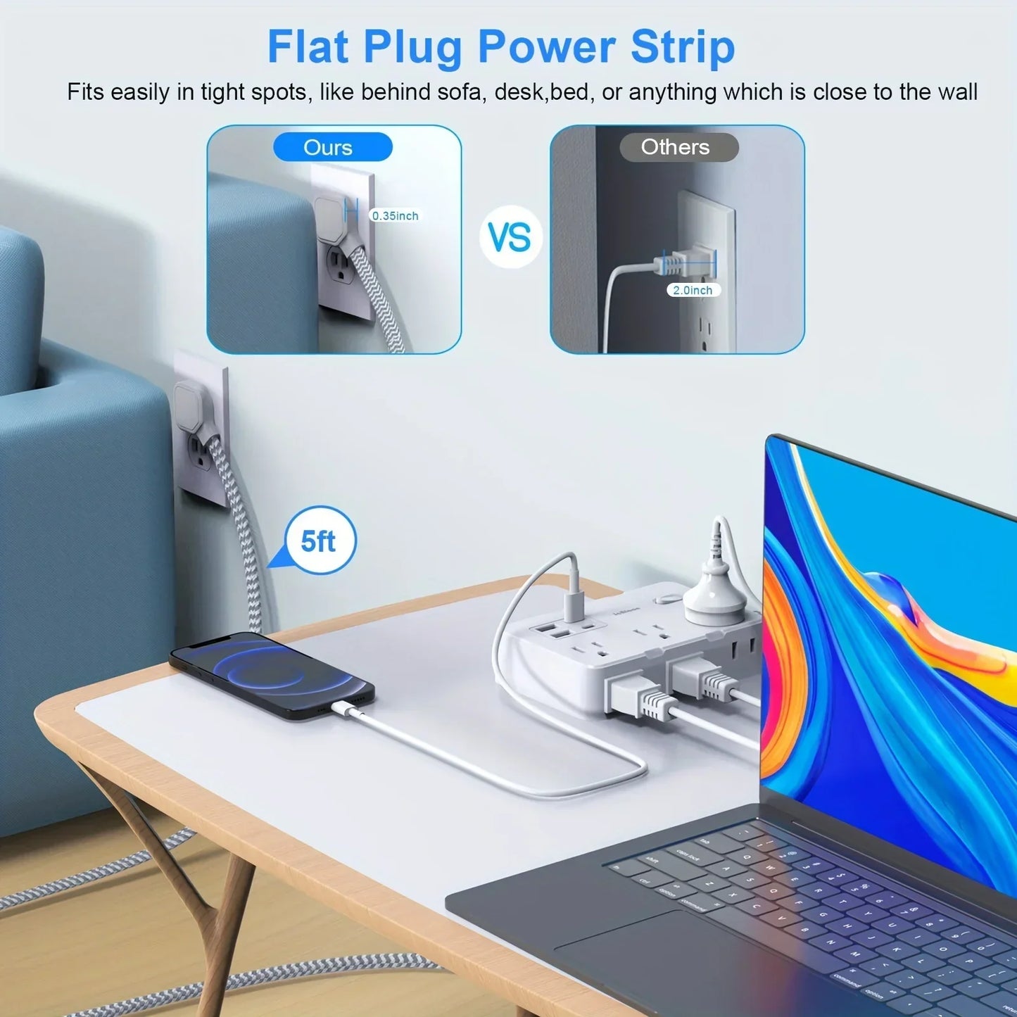 Smart Home-Steckdosenleiste mit USB-Schnellladefunktion | US-Stecker AC-Steckdose mit gewebtem Verlängerungskabel und Netzfilter | Brehn