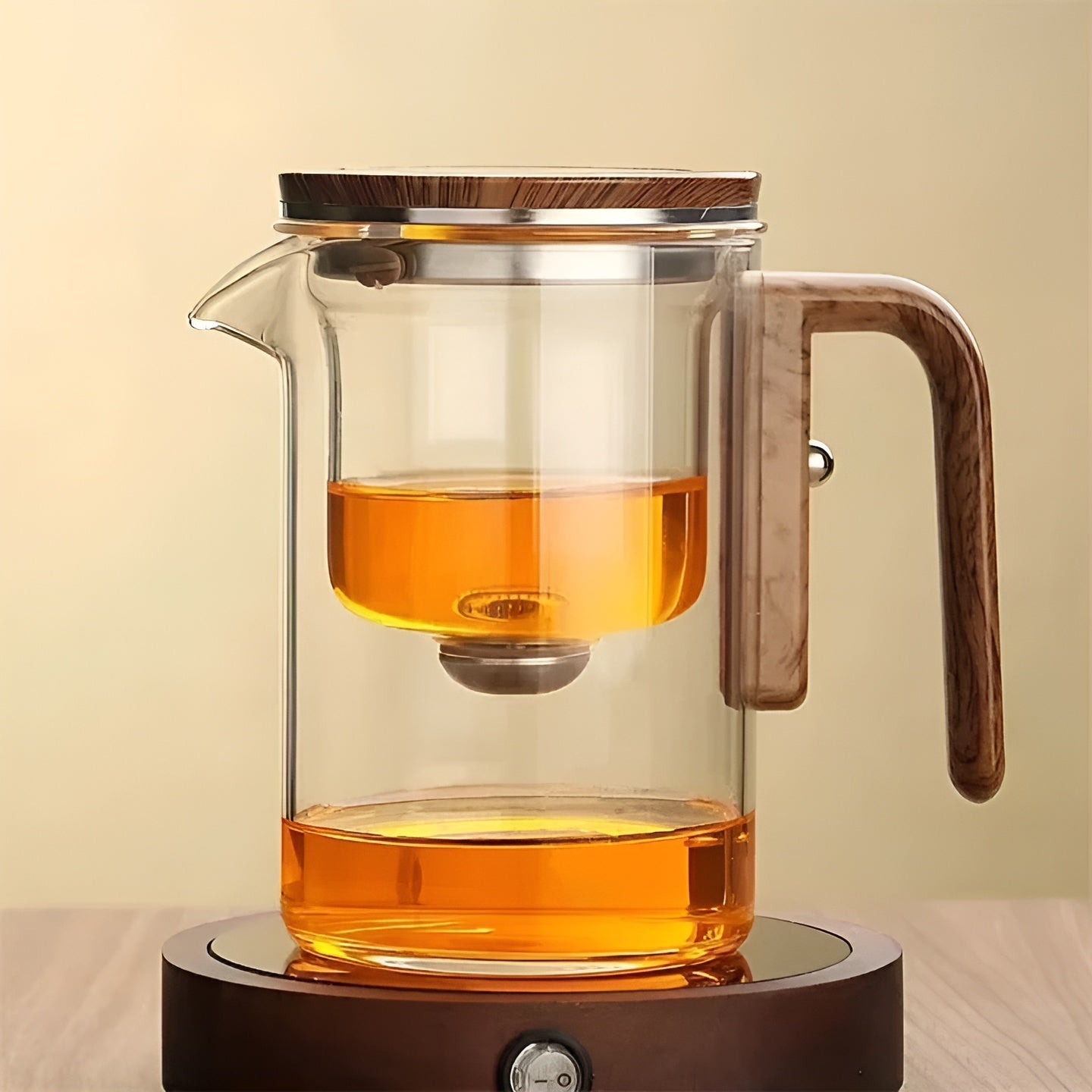 Teekanne aus Glas mit Holzgriff – Filter mit einem Klick | Ideal für loses Tee und Pu-Erh-Tee