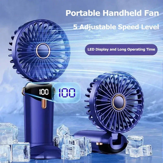 Handheld Mini Ventilator – 3000mAh Faltbarer Tragbarer Tisch- & Nackenhängender Ventilator mit 5 Geschwindigkeiten, USB wiederaufladbar & Telefonständer Anzeige | Brehn