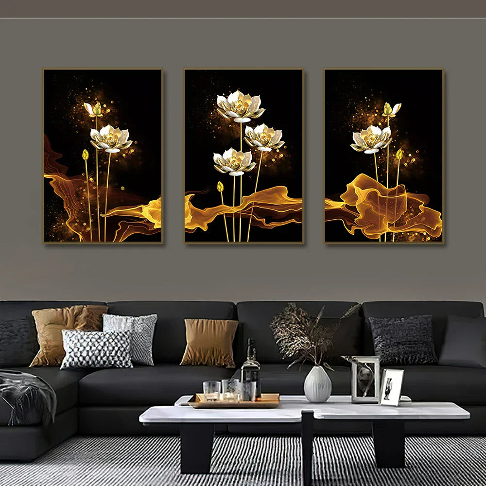 Set von 3PCs Weiße Goldene Lotus Exotische Florale Wandkunst Feine Kunst Leinwanddrucke Exotische Botanische Bilder Für Luxuriöses Wohnzimmer Esszimmer Schlafzimmer Kunstdekoration | Brehn