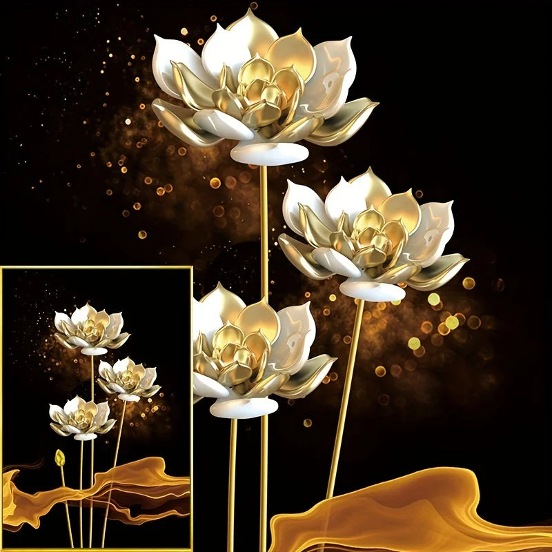 Set von 3PCs Weiße Goldene Lotus Exotische Florale Wandkunst Feine Kunst Leinwanddrucke Exotische Botanische Bilder Für Luxuriöses Wohnzimmer Esszimmer Schlafzimmer Kunstdekoration | Brehn