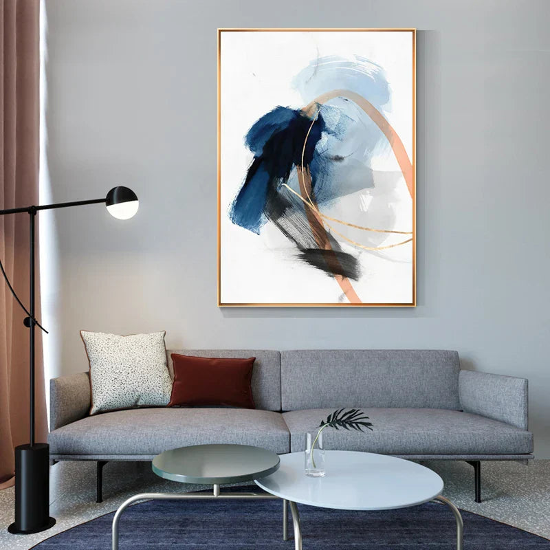 Modern Abstract Breite Stroke Wandkunst Feine Kunst Leinwanddrucke Blau Beige Mit Hinweisen Auf Orange Goldene Nordische Bilder Für Wohnzimmer Dekor | Brehn