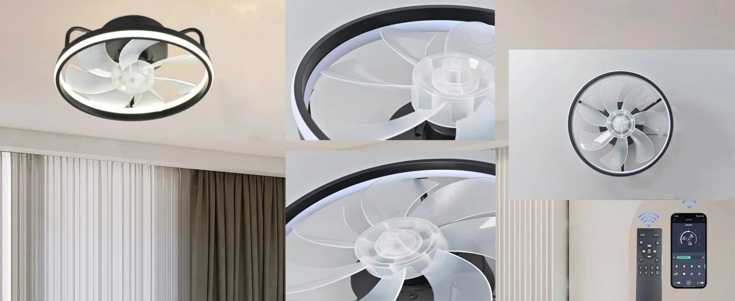 Moderner LED-Deckenventilator mit DC-Motor - 6 Geschwindigkeiten, Timer, Niedrigboden-Dachventilator, Fernbedienung Dekorative Beleuchtung | Brehn