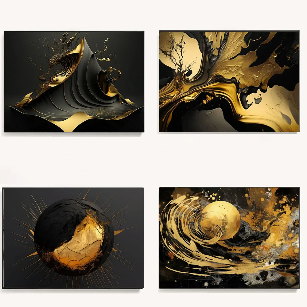 Moderne Fließende Geometrie Schwarzes Goldenes Abstraktes Wandkunst Feine Kunst Leinwanddrucke Bilder Für Wohnzimmer Esszimmer Home Office Dekor | Brehn
