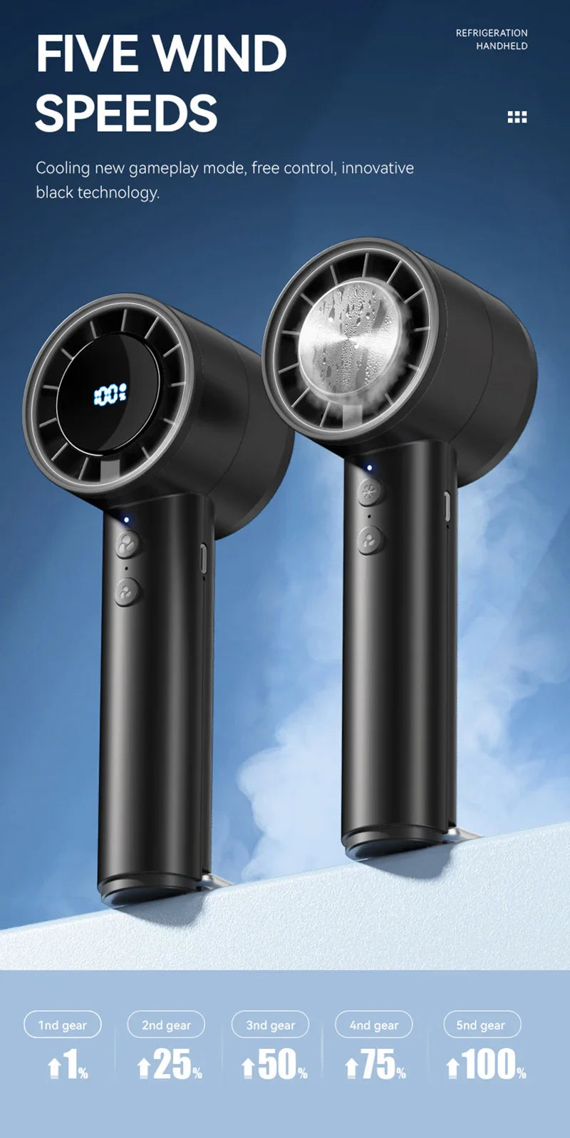 Stiller Hochgeschwindigkeits-USB-Handventilator – Tragbarer kleiner Ventilator mit LED-Display, hoher Windkraft und Kühlschrankfunktion | Brehn