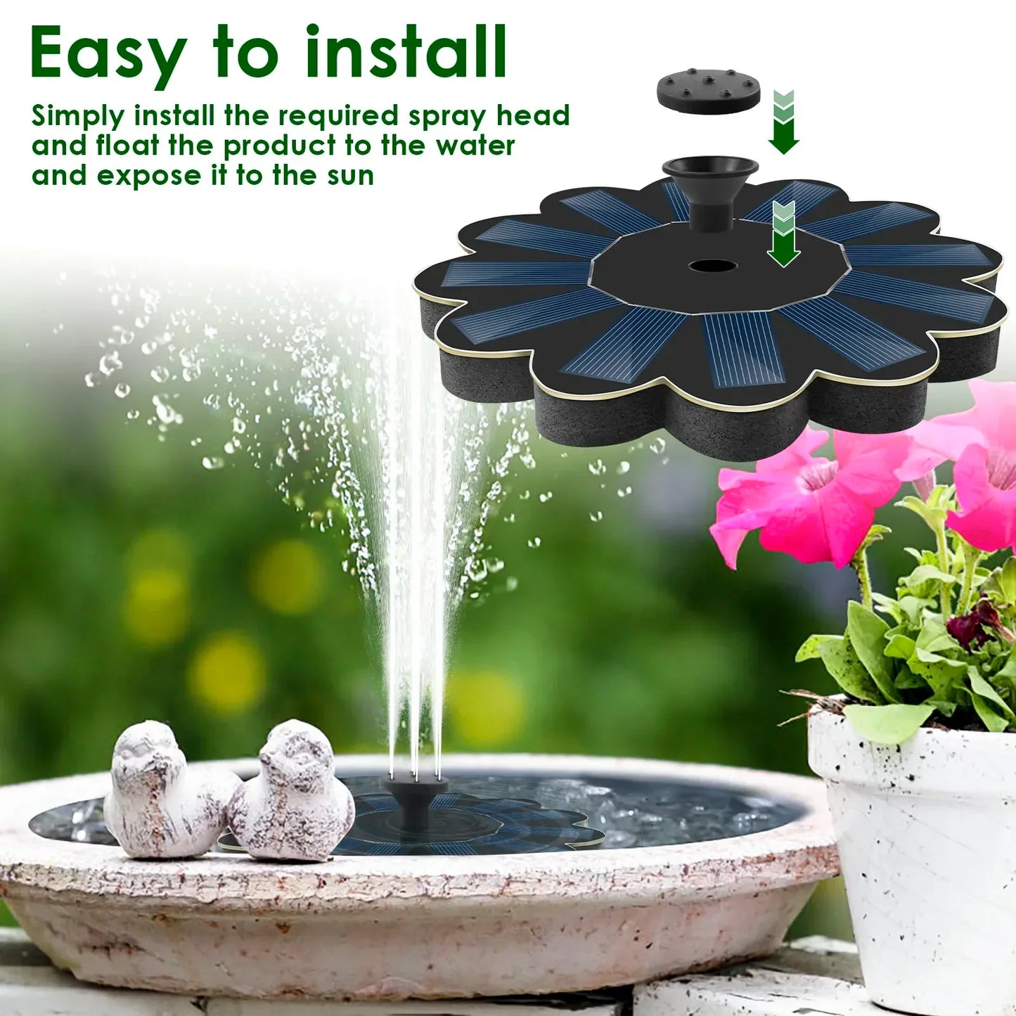 Brehn | Solar Spring Gartenbrunnen | 5 Düsenaufsätze | Energiesparend & Wartungsfrei | Für Teich, Vogelbad & Balkon