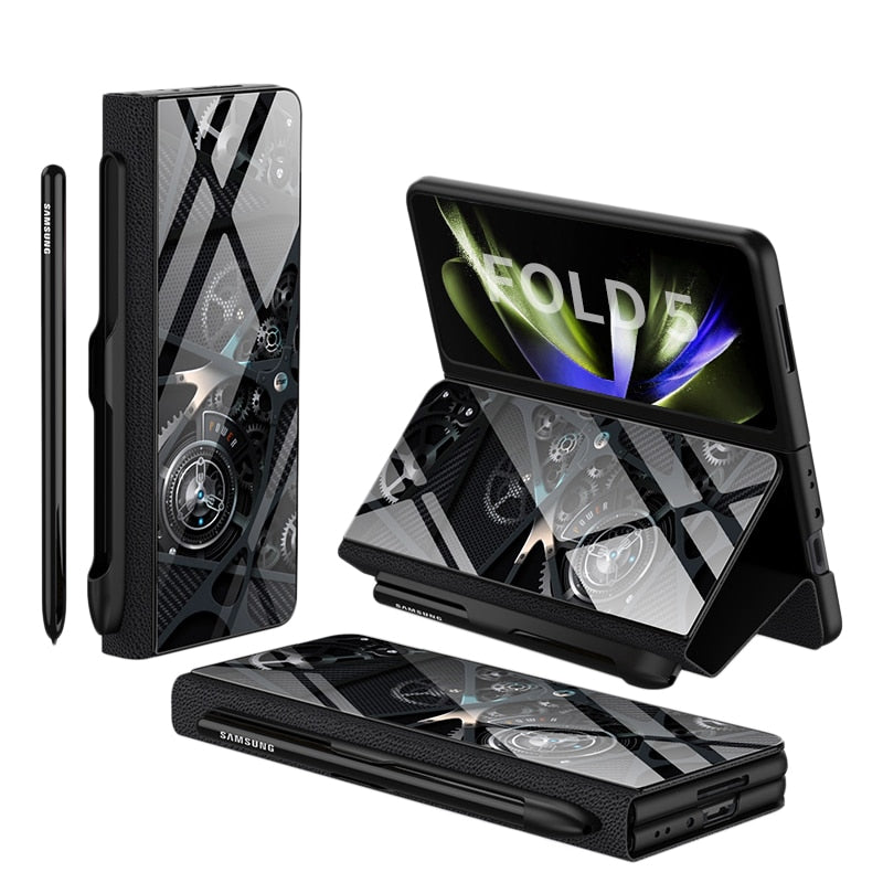 Brehn | Stoßfeste Rüstungshülle Hülle Glas Abdeckung Ständer Einfügkarte Lederhülle für Samsung Galaxy Z Fold 5/4