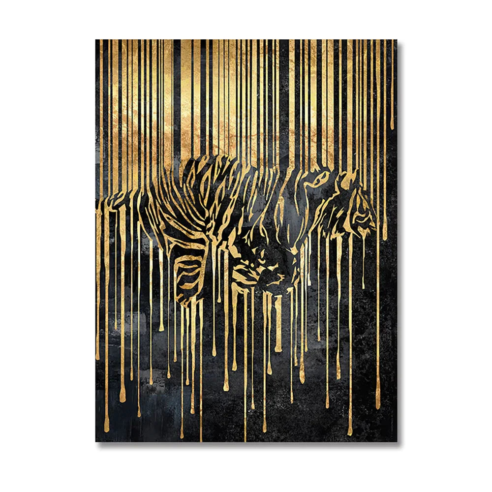 Moderne abstrakte goldene Zebra-Linien Löwe Elefant Tiger Wandkunst Fein Kunst Leinwanddrucke Bilder für luxuriöse Wohnung Wohnzimmer Esszimmer Kunstdekoration | Brehn