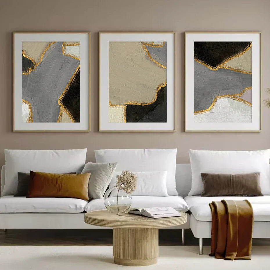Abstrakte Blockfarbe Wandkunst Schwarz Grau Beige Golden Fine Art Leinwanddrucke Bilder Für Modernes Apartment Wohnzimmer Zeitgenössische Wohnkultur | Brehn