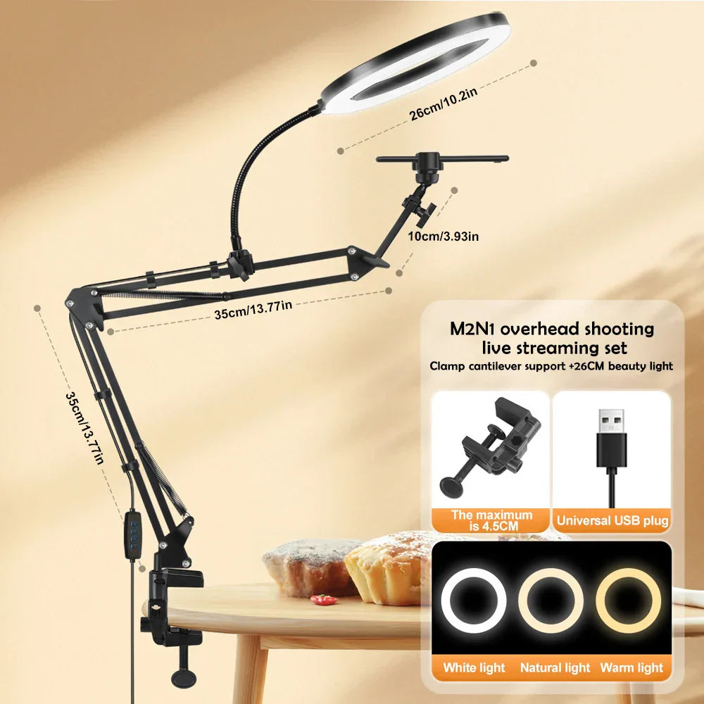 Brehn | LumiFlex LED-Ringleuchte mit flexiblem Arm & Handyhalter | 3 Lichtfarben & USB-Anschluss | Perfekt für Livestream, Video & Selfie