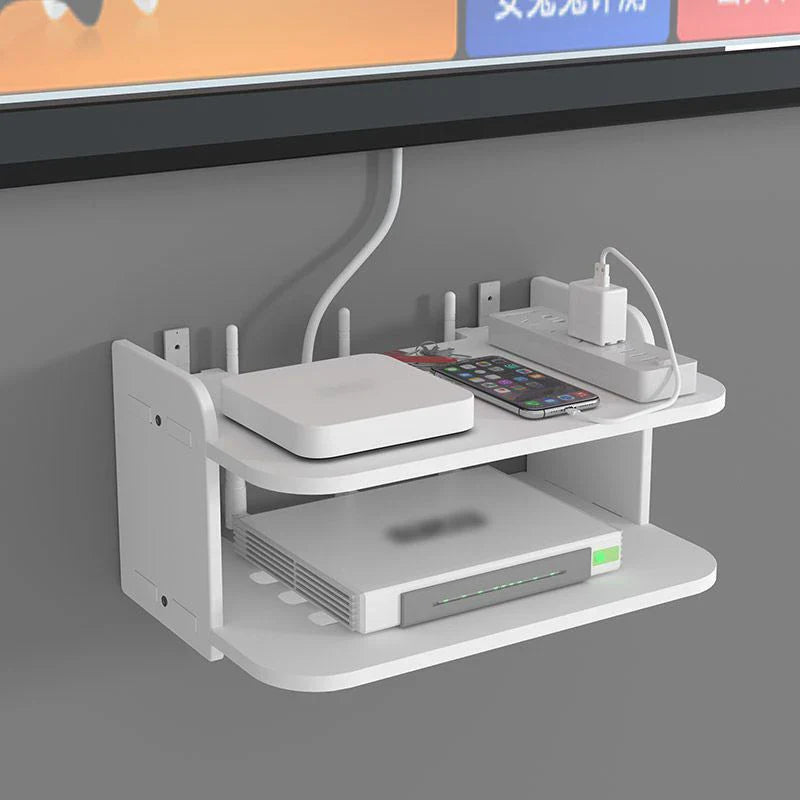 Brehn | SkyConnect Home | WLAN-Router Wandregal | Versteckter Kabel-Organizer & Steckdosenhalter | Schwebendes Regal für TV-Box & Mehr | Weiß | 40×12×8 cm