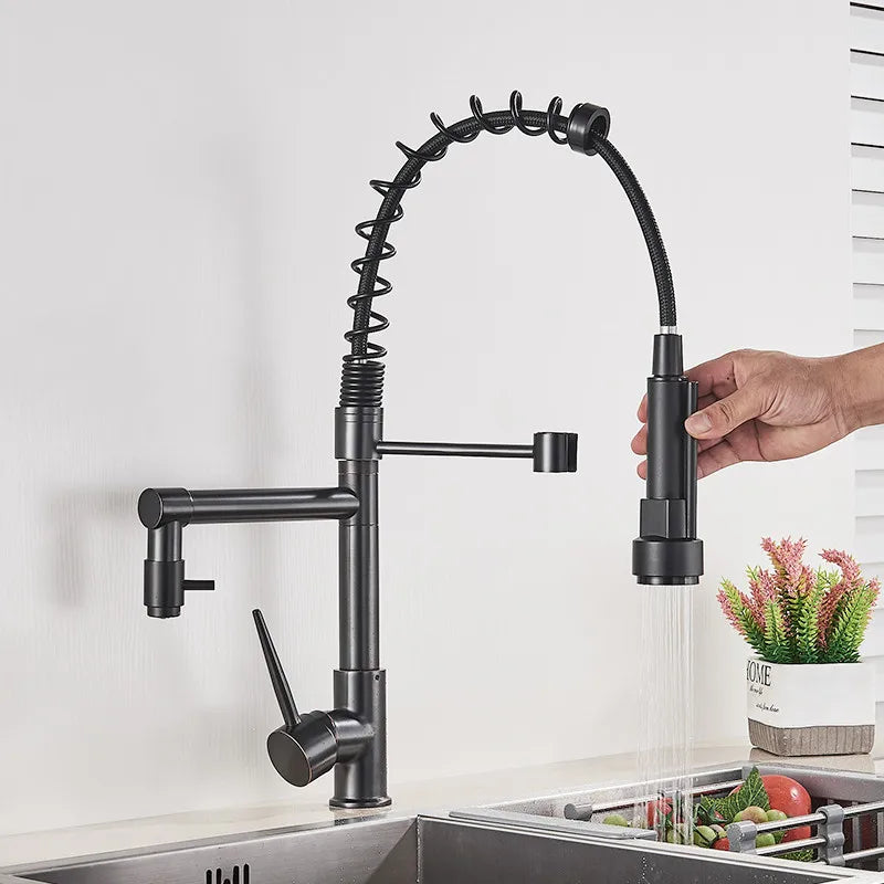Ausziehbare Wasserhahn mit Doppeltem Auslauf – Flexibler Wasserhahn für Spülbecken, Hochdruck, Schwenkbar, Ideal für Moderne Küchen, Einfache Installation | Brehn