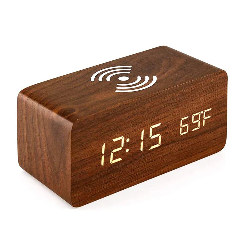 Minimalistischer LED Holz-Wecker mit Temperaturanzeige, kabelloser Ladefunktion und digitaler Zeitanzeige – Ideal für Schlafzimmer und Büro | Brehn
