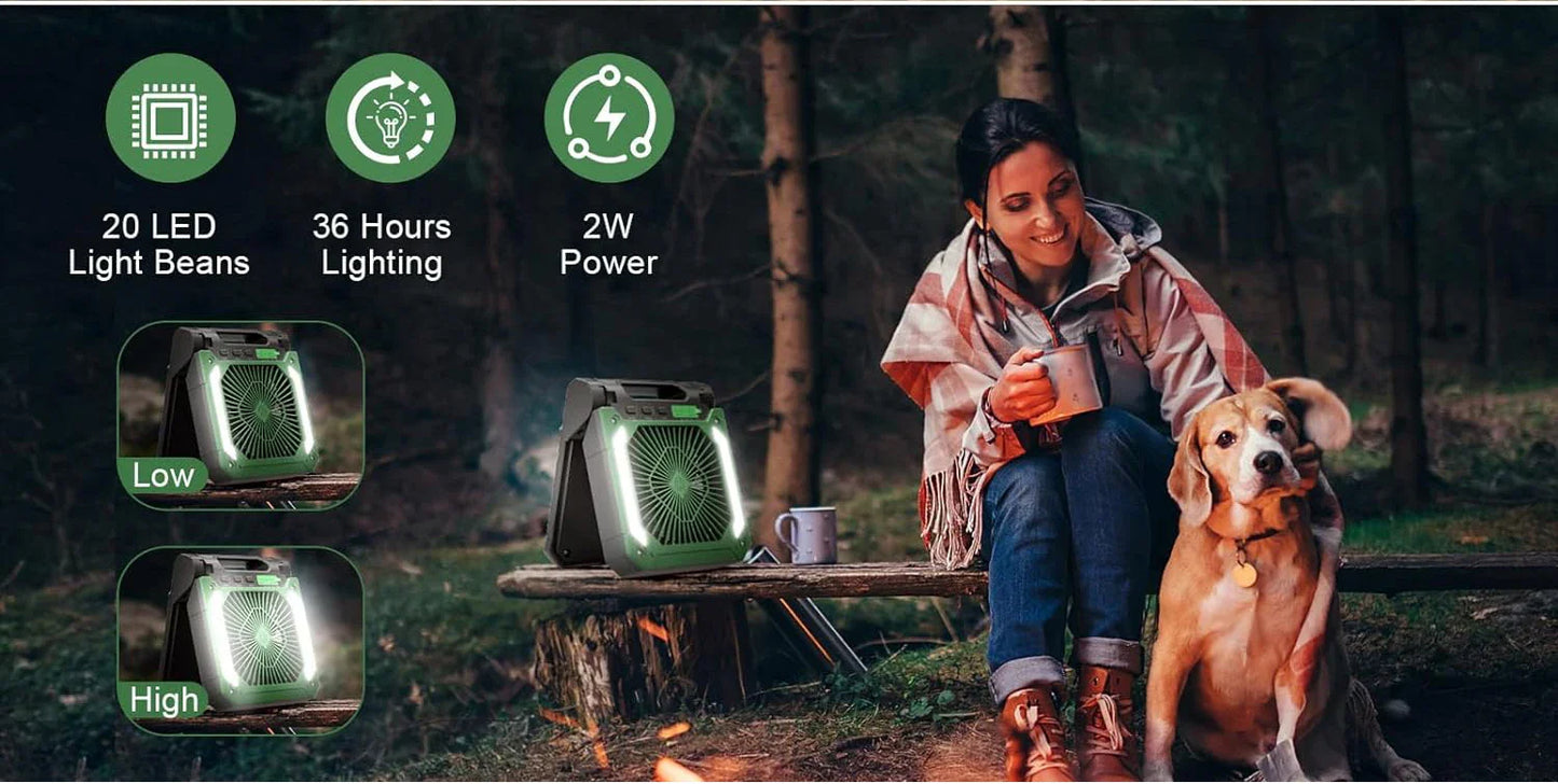 20000mAh Tragbarer Elektrischer Ventilator mit LED Licht — USB, Solar & Auto-Ladung für Camping | Brehn