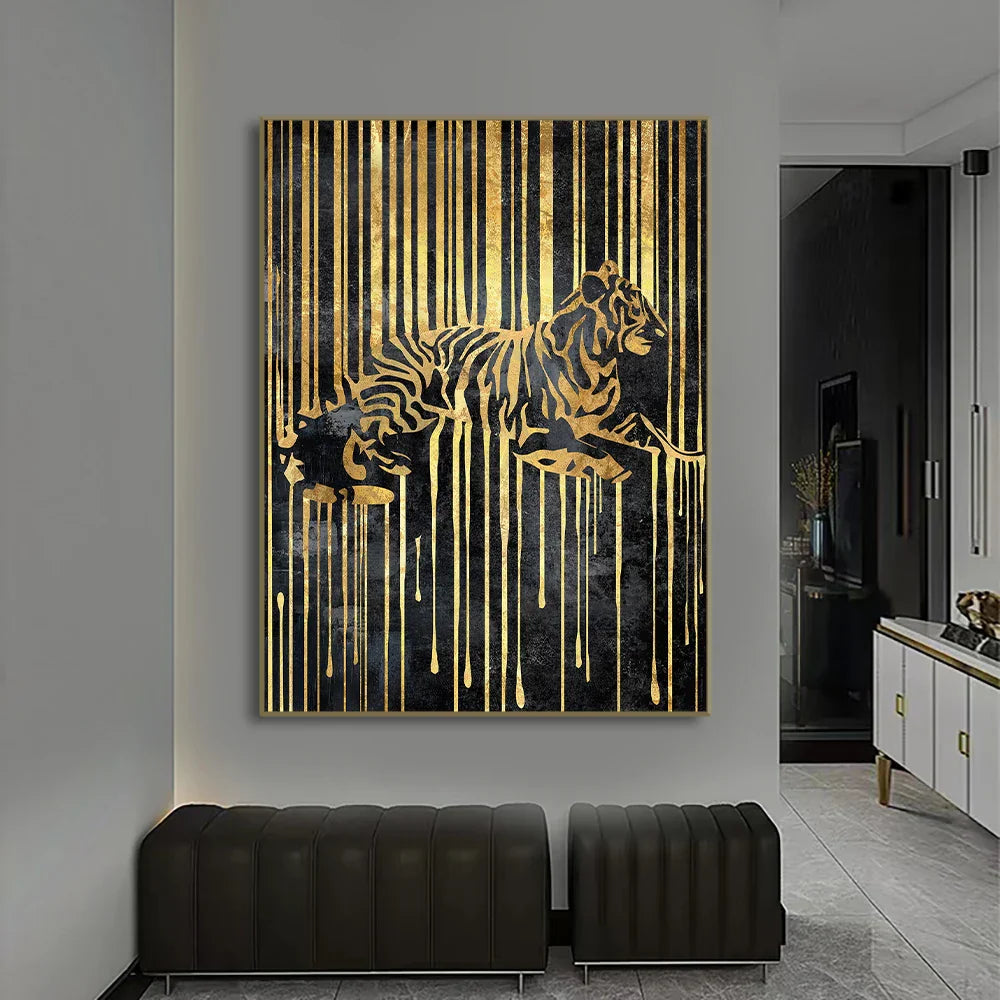 Moderne abstrakte goldene Zebra-Linien Löwe Elefant Tiger Wandkunst Fein Kunst Leinwanddrucke Bilder für luxuriöse Wohnung Wohnzimmer Esszimmer Kunstdekoration | Brehn