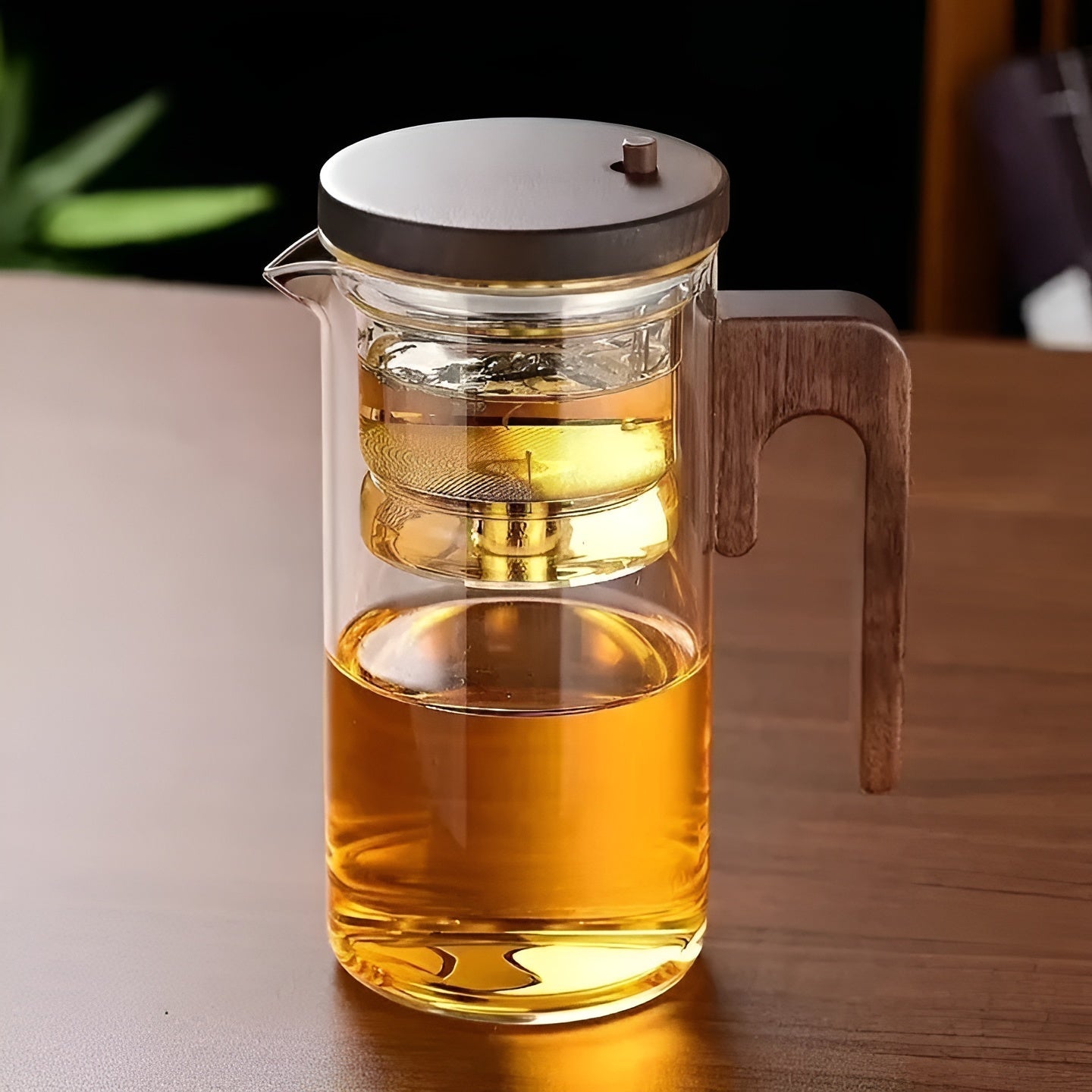 Teekanne aus Glas mit Holzgriff – Filter mit einem Klick | Ideal für loses Tee und Pu-Erh-Tee