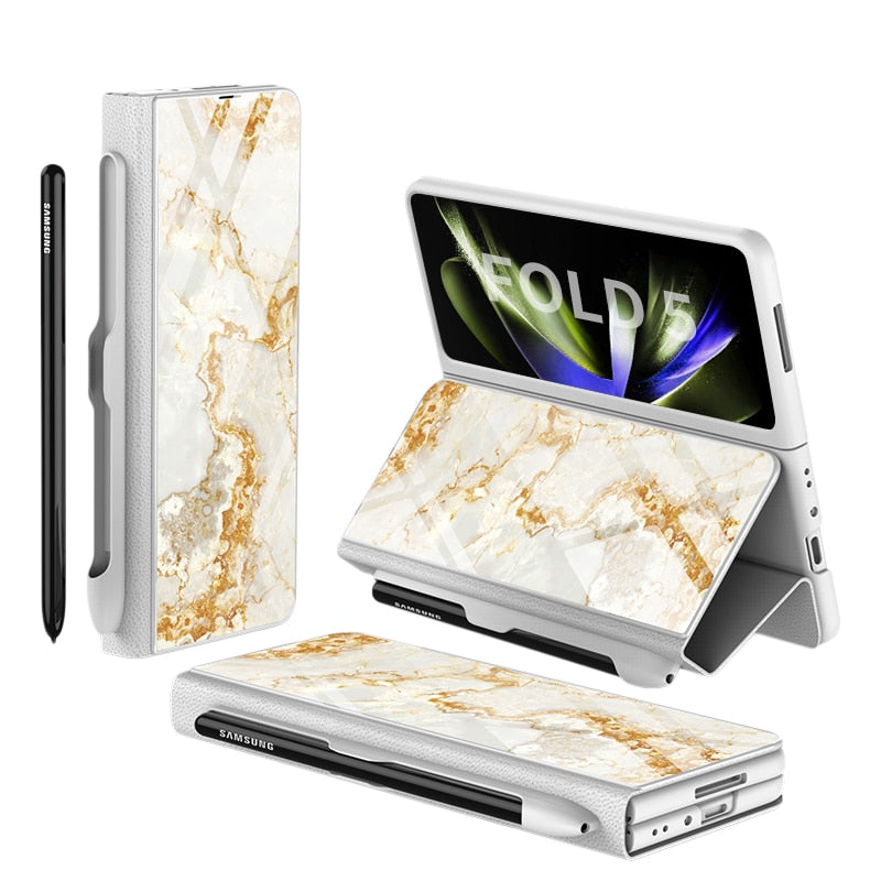 Brehn | Stoßfeste Rüstungshülle Hülle Glas Abdeckung Ständer Einfügkarte Lederhülle für Samsung Galaxy Z Fold 5/4