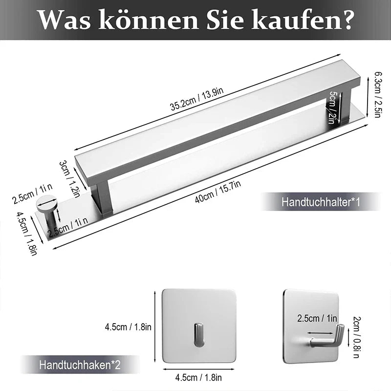 Brehn | Moderner Selbstklebender Handtuchhalter - in Silber und Schwarz