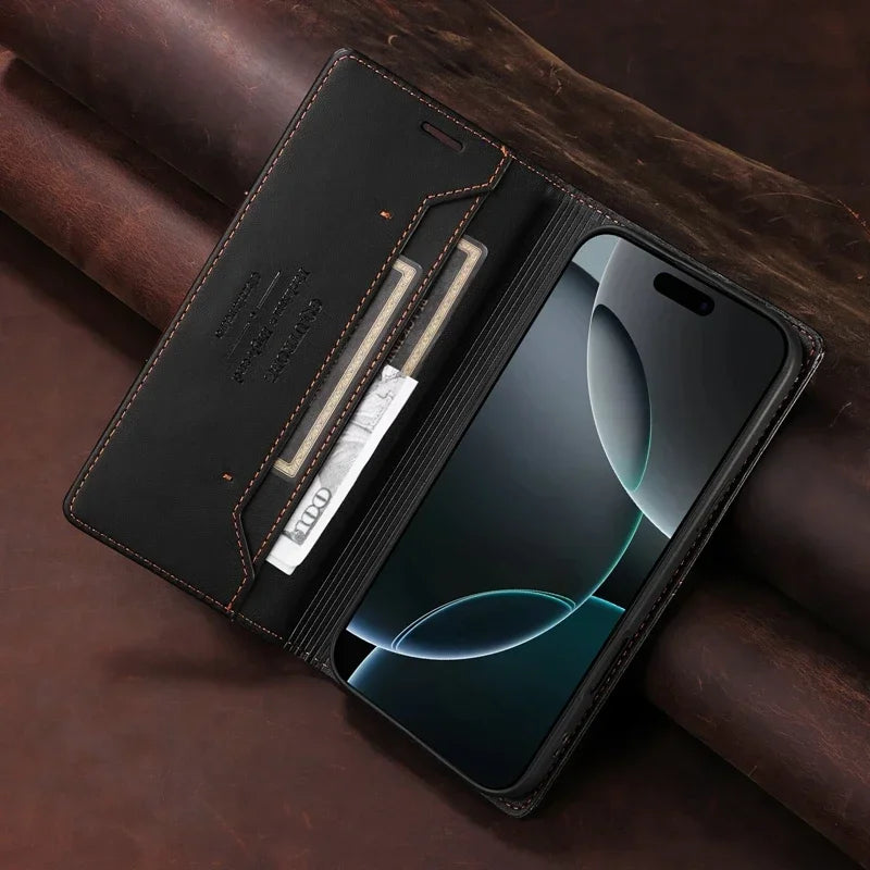 BowLift | RFID Leather iPhone 16/15 Magnetic Flip Wallet Case