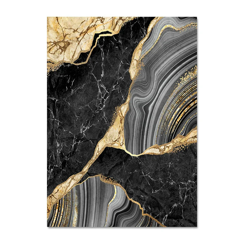 Moderne abstrakte schwarze graue goldene Geode-Marmor-Druck Wandkunst Fine Art Leinwanddrucke Bilder für luxuriöse Wohnung Wohnzimmer Home Office Dekor | Brehn