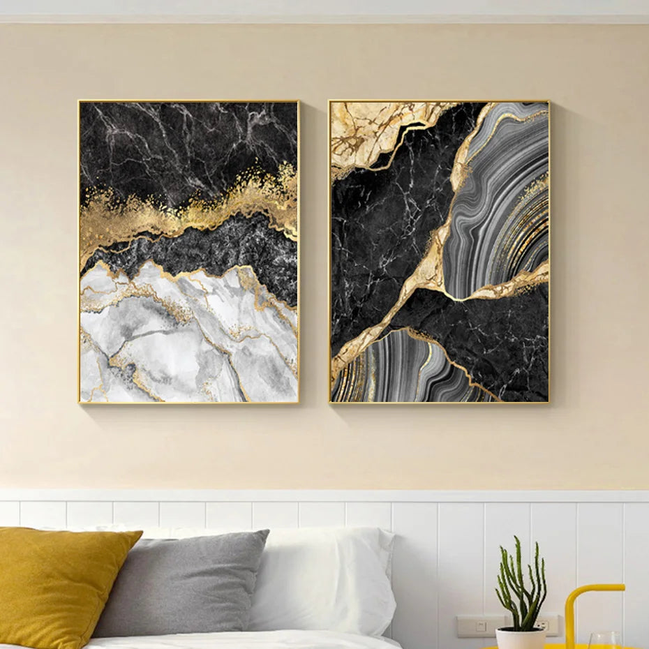 Moderne abstrakte schwarze graue goldene Geode-Marmor-Druck Wandkunst Fine Art Leinwanddrucke Bilder für luxuriöse Wohnung Wohnzimmer Home Office Dekor | Brehn