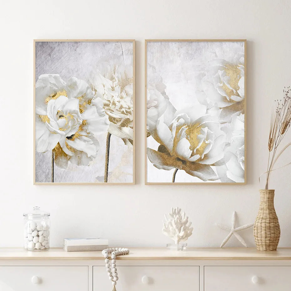 Opulente Blüten Elegante Weiße Blumen mit Goldakzenten Leinwand Wandkunst Feine Kunstleinwand Drucke Poster Florale Bilder Für Modernes Wohnzimmer | Brehn