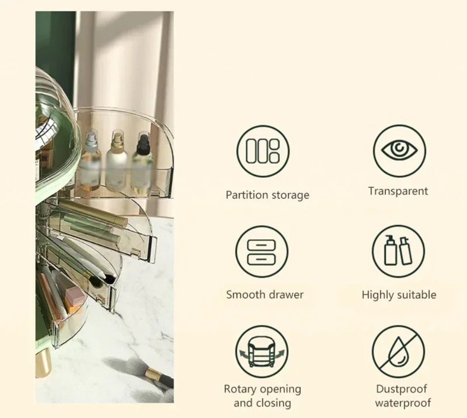 Luxuriöser transparenter Makeup-Organizer mit rotierenden Türen und Schubladen | Brehn