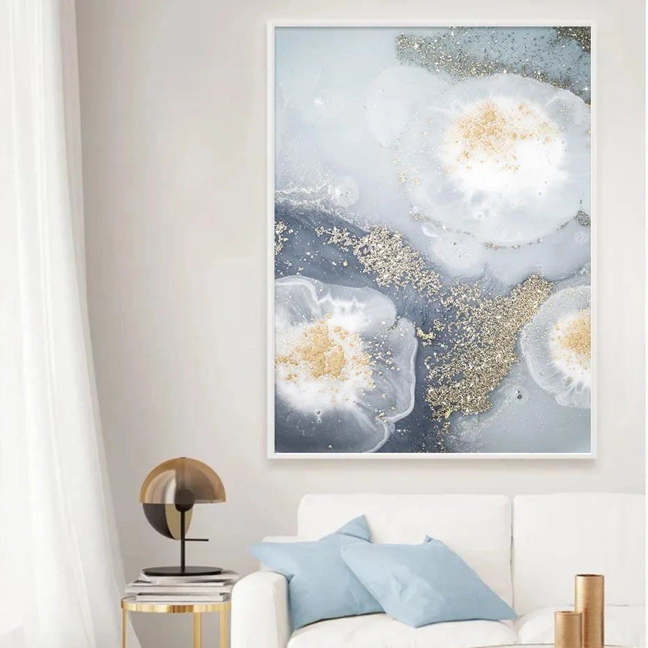Blaue Weiße Goldene Abstrakte Florale Wandkunst Fein Kunst Leinwanddrucke Poster Bild Für Modernes Wohnzimmer Schlafzimmer Nordische Wohnkultur | Brehn