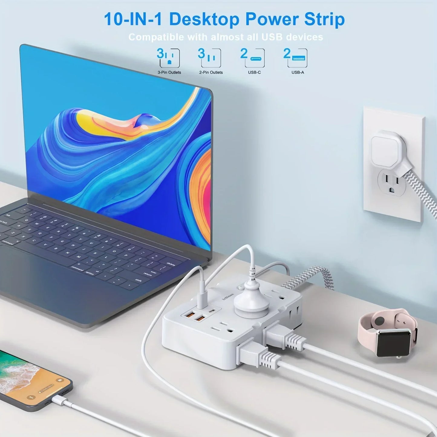 Smart Home-Steckdosenleiste mit USB-Schnellladefunktion | US-Stecker AC-Steckdose mit gewebtem Verlängerungskabel und Netzfilter | Brehn