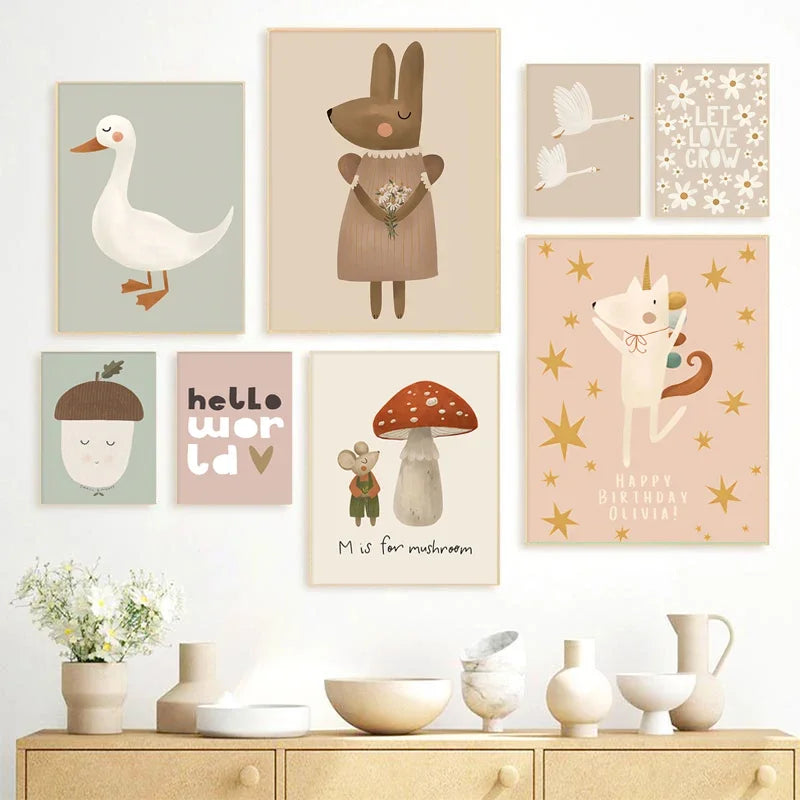 Niedliche Baby Tiere Kinderzimmer Wandkunst Illustrationen Fine Art Leinwanddrucke Gänse Maus Löwe Eisbär Poster Bilder für das Kinderzimmer Wanddekoration | Brehn