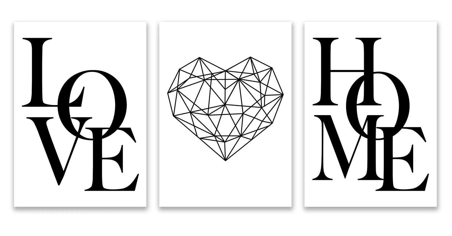 Set aus 3 Stück Geometrische Liebe Zuhause Herz Wandkunst Feine Kunst Leinwanddrucke Schwarz Weiß Minimalistische Poster Bilder Für Wohnzimmer Schlafzimmer Kunst Dekor | Brehn