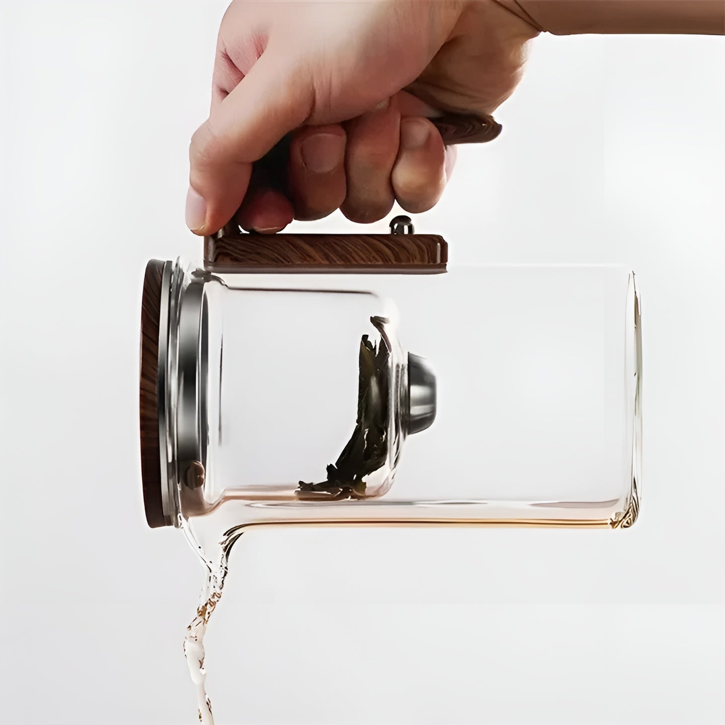 Teekanne aus Glas mit Holzgriff – Filter mit einem Klick | Ideal für loses Tee und Pu-Erh-Tee