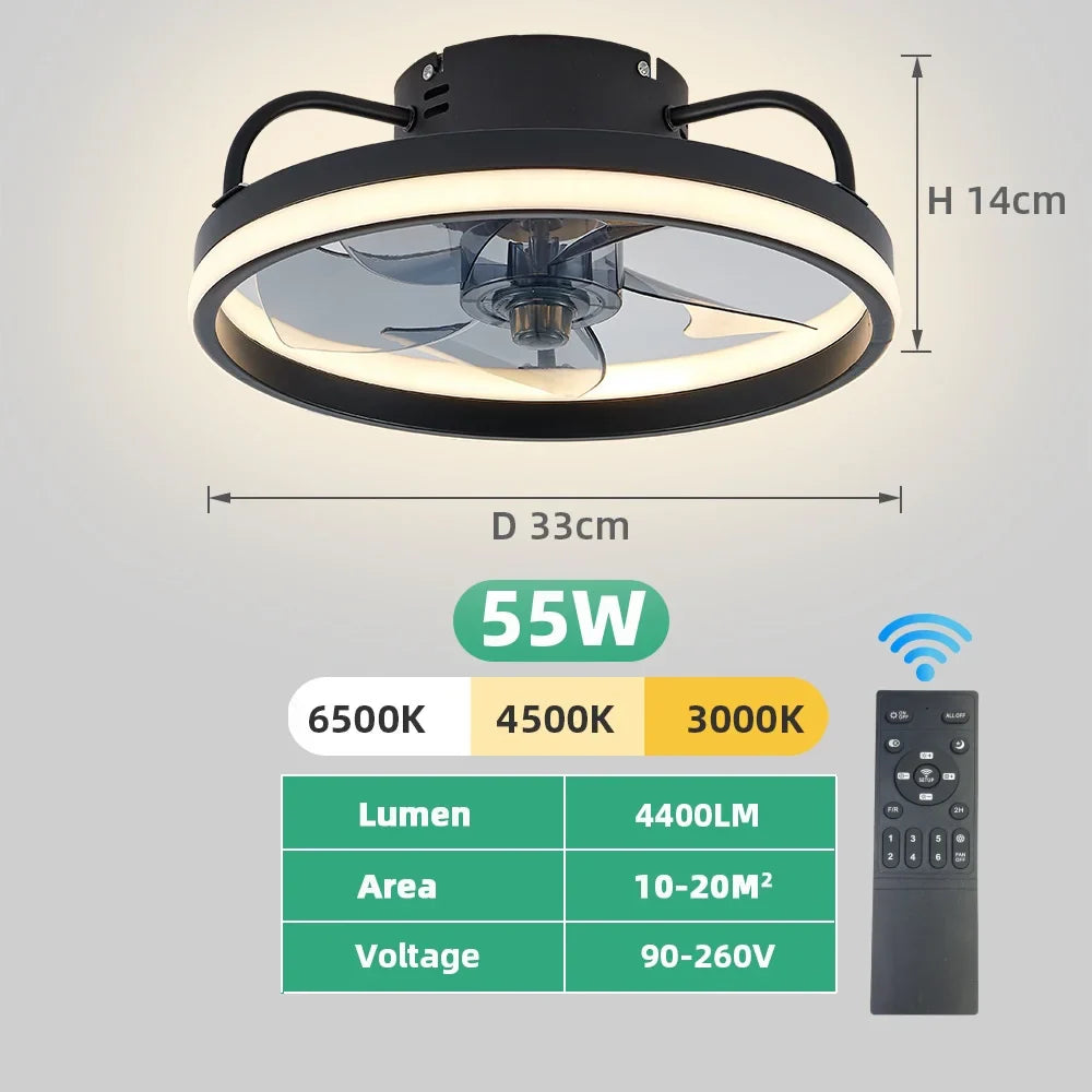 Moderner LED-Deckenventilator mit DC-Motor - 6 Geschwindigkeiten, Timer, Niedrigboden-Dachventilator, Fernbedienung Dekorative Beleuchtung | Brehn
