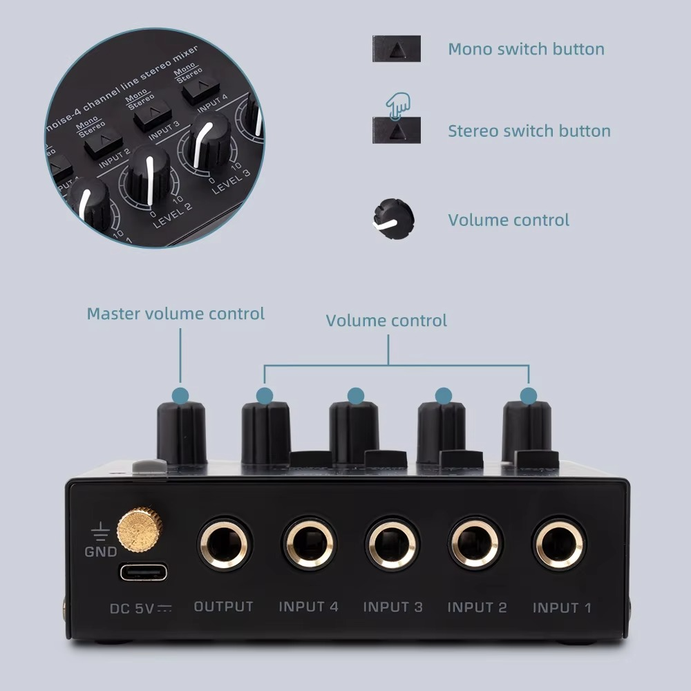 Ultrakompakter 4-Kanal-Audiomixer mit geringem Rauschen und Stereo-Cinch-Ausgang