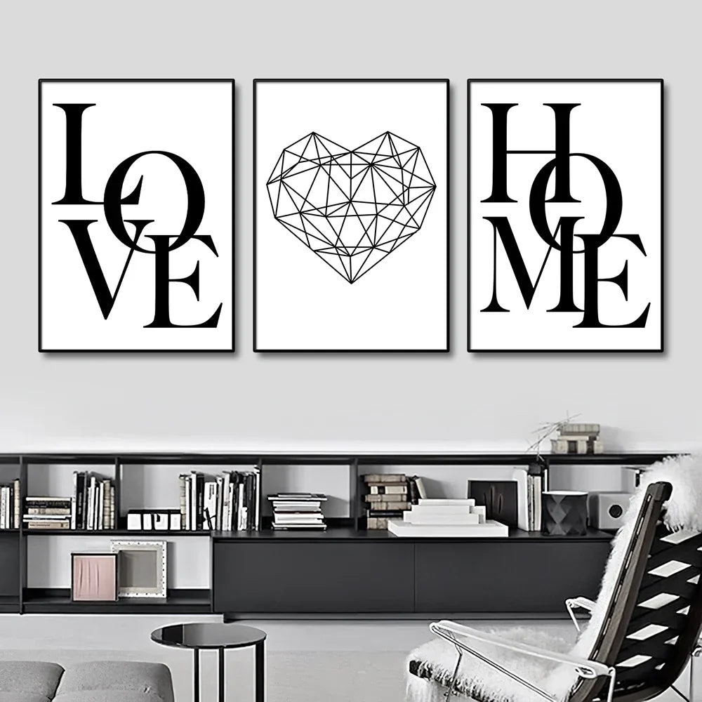 Set aus 3 Stück Geometrische Liebe Zuhause Herz Wandkunst Feine Kunst Leinwanddrucke Schwarz Weiß Minimalistische Poster Bilder Für Wohnzimmer Schlafzimmer Kunst Dekor | Brehn