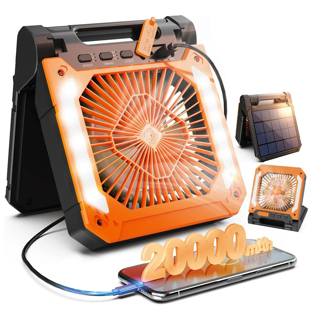 20000mAh Tragbarer Elektrischer Ventilator mit LED Licht — USB, Solar & Auto-Ladung für Camping | Brehn