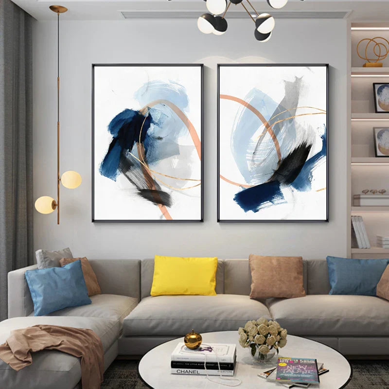 Modern Abstract Breite Stroke Wandkunst Feine Kunst Leinwanddrucke Blau Beige Mit Hinweisen Auf Orange Goldene Nordische Bilder Für Wohnzimmer Dekor | Brehn
