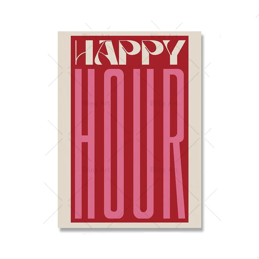 Retro Typografisch Happy Hour Bar Café Küche Wandkunst Feine Kunst Leinwanddrucke Bilder für Wohnzimmer Esszimmer Farbenfrohe Kunstdekoration | Brehn