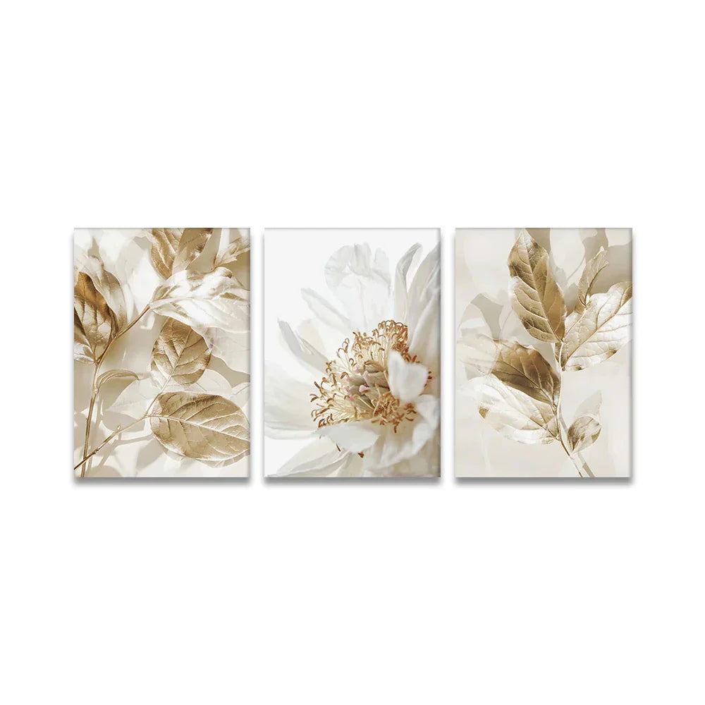 Moderne weiße & goldene florale Wandkunst feine Kunst Leinwanddrucke Bilder für Wohnzimmer Esszimmer Schlafzimmer Kunst Dekor (Set von 3 Stück) | Brehn