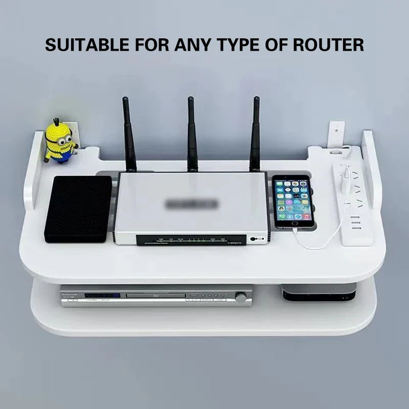 Brehn | SkyConnect Home | WLAN-Router Wandregal | Versteckter Kabel-Organizer & Steckdosenhalter | Schwebendes Regal für TV-Box & Mehr | Weiß | 40×12×8 cm