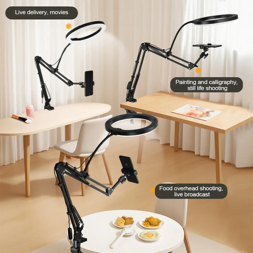 Brehn | LumiFlex LED-Ringleuchte mit flexiblem Arm & Handyhalter | 3 Lichtfarben & USB-Anschluss | Perfekt für Livestream, Video & Selfie
