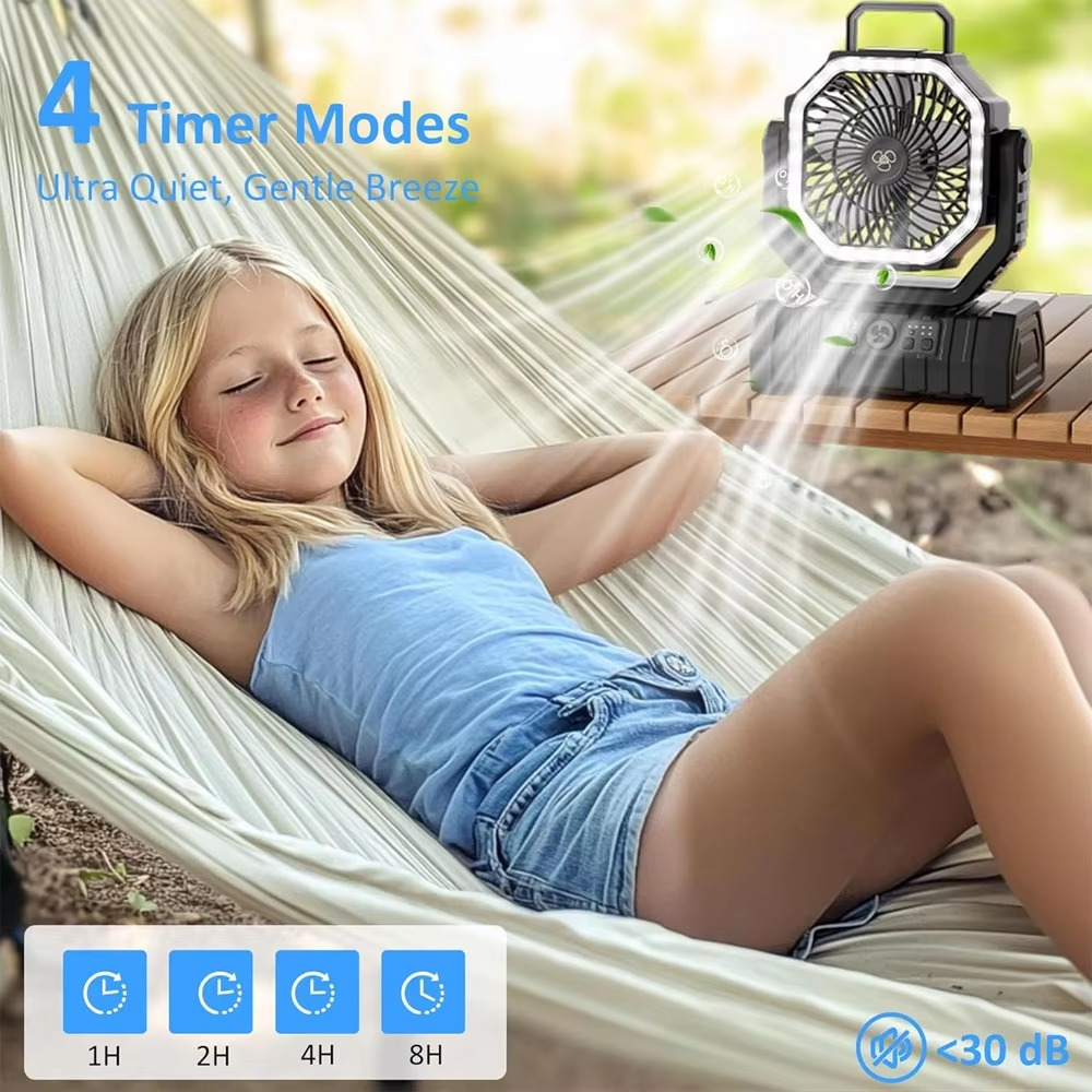 Wiederaufladbarer Campingventilator mit 20000mAh Batterie, 4 Geschwindigkeiten und LED Laterne | Brehn
