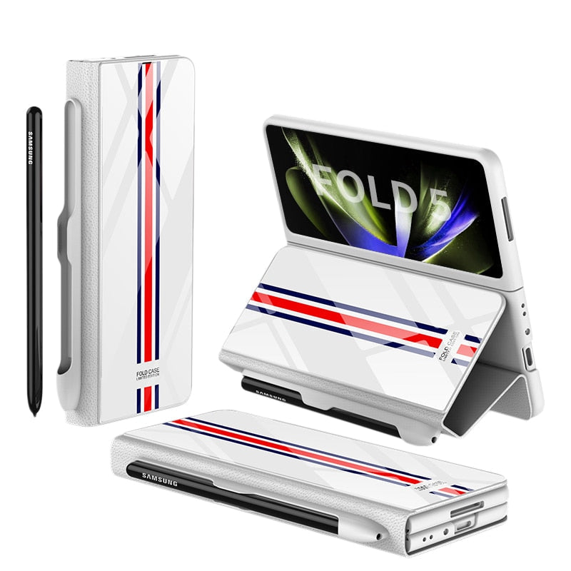 Brehn | Stoßfeste Rüstungshülle Hülle Glas Abdeckung Ständer Einfügkarte Lederhülle für Samsung Galaxy Z Fold 5/4