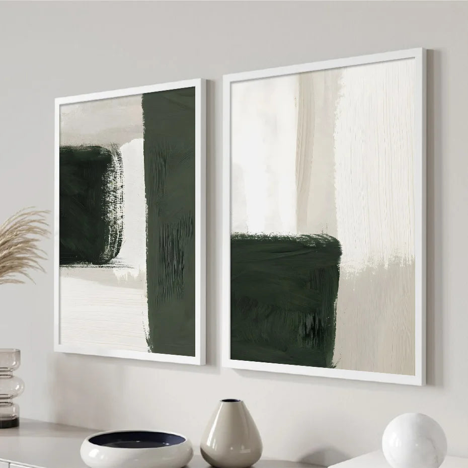 Moderne abstrakte grün beige weiße Pinselstrich Leinwanddrucke nordische Wandkunst für zeitgenössische Wohnzimmer Wohnkultur Kunstwerk | Brehn