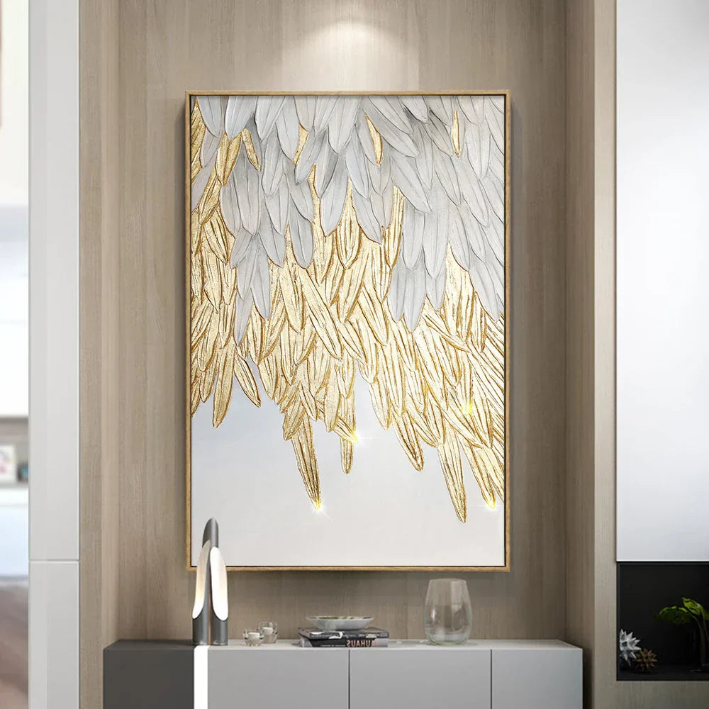 Modern abstraktes goldenes Federdesign Wandkunst Feine Kunst Leinwanddrucke Bild für Luxus-Wohnzimmer Schlafzimmer Eingangsbereich Foyer Kunst Dekor | Brehn