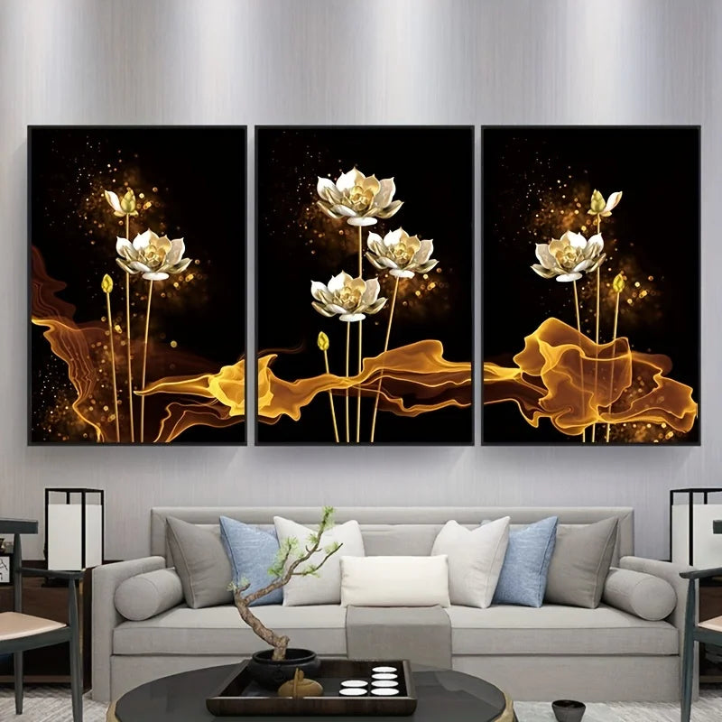 Set von 3PCs Weiße Goldene Lotus Exotische Florale Wandkunst Feine Kunst Leinwanddrucke Exotische Botanische Bilder Für Luxuriöses Wohnzimmer Esszimmer Schlafzimmer Kunstdekoration | Brehn
