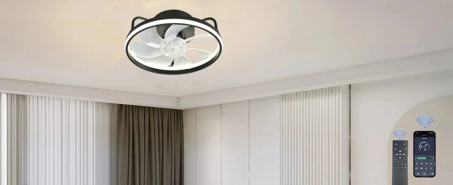 Moderner LED-Deckenventilator mit DC-Motor - 6 Geschwindigkeiten, Timer, Niedrigboden-Dachventilator, Fernbedienung Dekorative Beleuchtung | Brehn