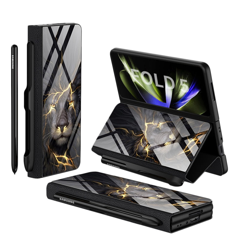 Brehn | Stoßfeste Rüstungshülle Hülle Glas Abdeckung Ständer Einfügkarte Lederhülle für Samsung Galaxy Z Fold 5/4
